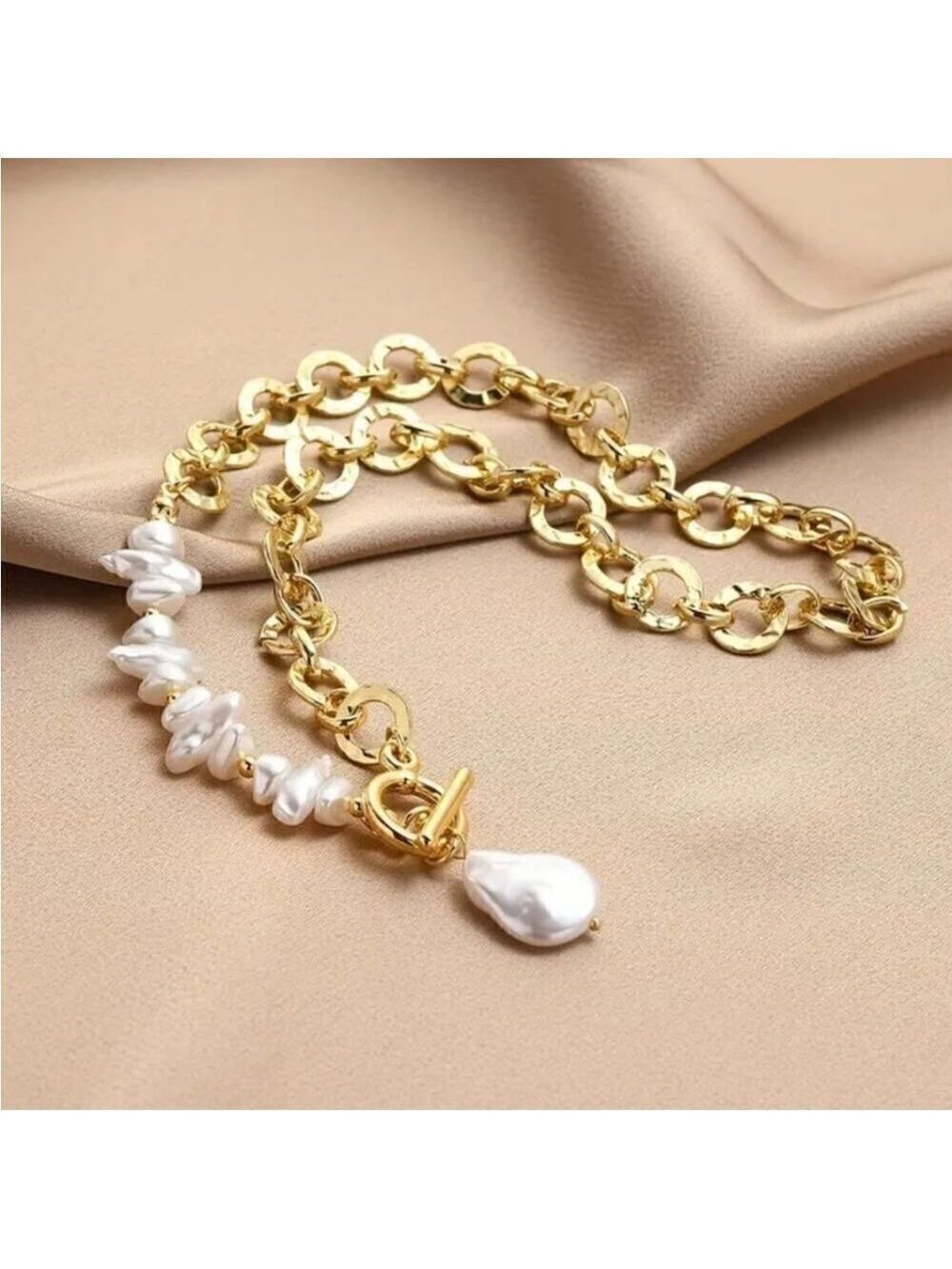 Baroque Style Lab Pearl Pendant Necklace with Round Gold Tone Chain - Picture 4 of 8